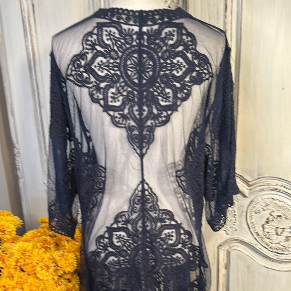 Elegant Navy Lace Kimono Swim Cover Up Duster NWT - Picture 7 of 9